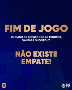 Regras para o fim de jogo da Kings League, destacando que não há empates e que, se necessário, a decisão acontece no shootout.