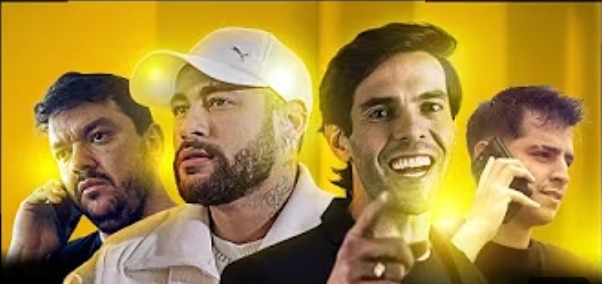 Banner da Kings League Brasil com Neymar, Kaká, Piqué e Gaules unidos, anunciando a chegada da liga ao Brasil.