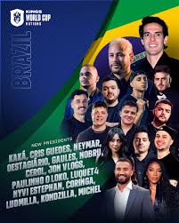 Imagem promocional da Kings World Cup Edition destacando os novos presidentes da equipe do Brasil, incluindo Neymar, Gaules, Nobru, Coringa, KondZilla e outros influenciadores e celebridades.