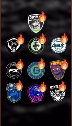 kings-league-brasil-overall Escudos dos 10 times da Kings League Brasil com seus respectivos overalls médios após o draft. Os overalls variam de 73 a 77, com destaque para Capim FC, Loucos FC e G3X FC com os maiores overalls.